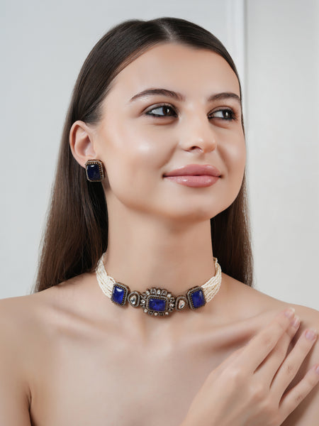 GOLD PLATED KUNDAN & BLUE EMERALD STUDDED CHOKAR WITH EARRINGS