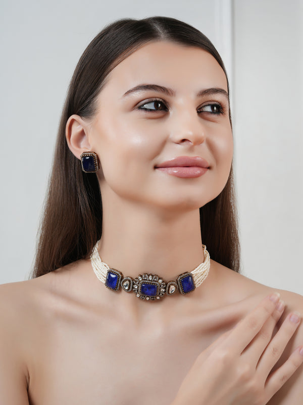 GOLD PLATED KUNDAN & BLUE EMERALD STUDDED CHOKAR WITH EARRINGS