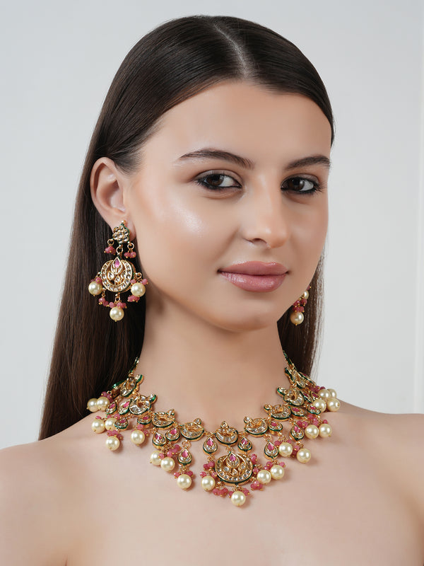 GOLD PLATED ETHNIC PINK CHOKAR SET WITH EARRINGS