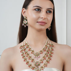 GOLD PLATED KUNDAN POLKI LONG NECKLACE & EARRINGS WITH STUDDED PINK STONES
