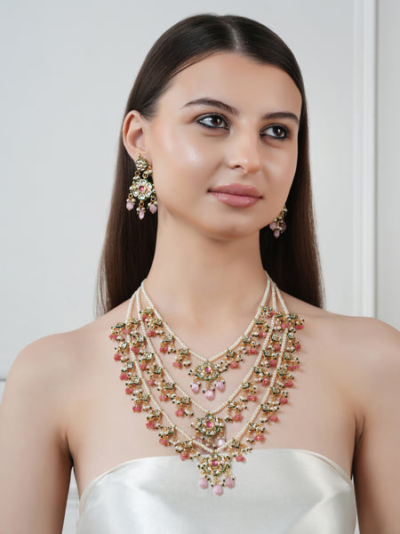 GOLD PLATED KUNDAN POLKI LONG NECKLACE & EARRINGS WITH STUDDED PINK STONES