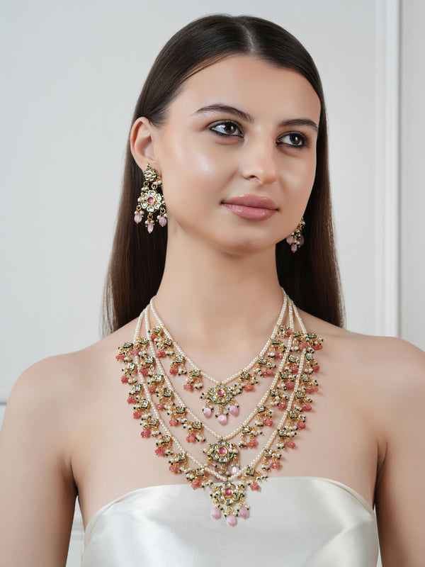 GOLD PLATED KUNDAN POLKI LONG NECKLACE & EARRINGS WITH STUDDED PINK STONES