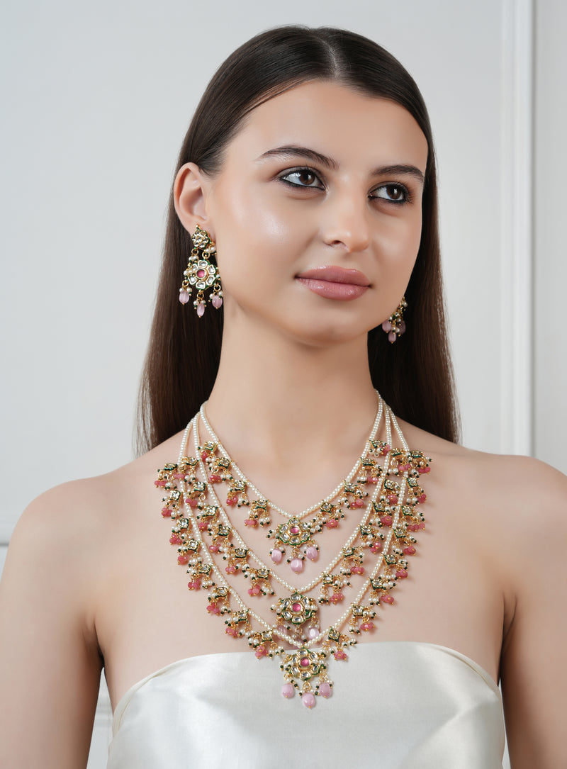 GOLD PLATED KUNDAN POLKI LONG NECKLACE & EARRINGS WITH STUDDED PINK STONES