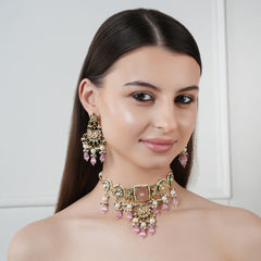 GOLD PLATED KUNDAN CHOKAR & EARRINGS WITH STUDDED PINK STONES