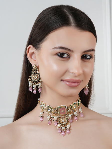 GOLD PLATED KUNDAN CHOKAR & EARRINGS WITH STUDDED PINK STONES