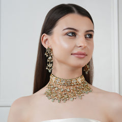 GOLD PLATED GREEN ETHNIC NECKLACE SET WITH EARINGS