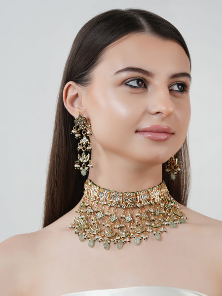 GOLD PLATED GREEN ETHNIC NECKLACE SET WITH EARINGS