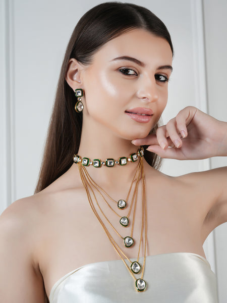 GOLD PLATED GREEN KUNDAN STUDDED NECKLACE SET WITH EARRINGS