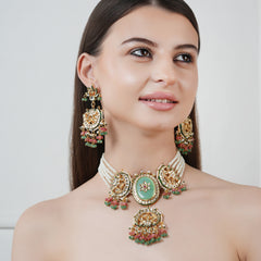 GOLD PLATED MULTI-COLOR ETHNIC CHOKAR SET WITH EARRINGS
