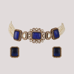 GOLD PLATED KUNDAN & BLUE EMERALD STUDDED CHOKAR WITH EARRINGS