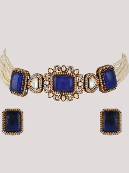 GOLD PLATED KUNDAN & BLUE EMERALD STUDDED CHOKAR WITH EARRINGS