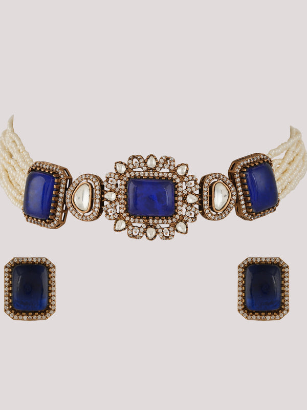 GOLD PLATED KUNDAN & BLUE EMERALD STUDDED CHOKAR WITH EARRINGS