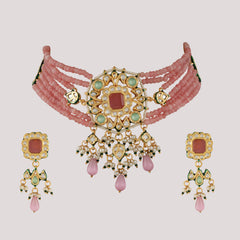 GOLD PLATED CHOKAR & EARRINGS EMBEDDED WITH PINK STONES