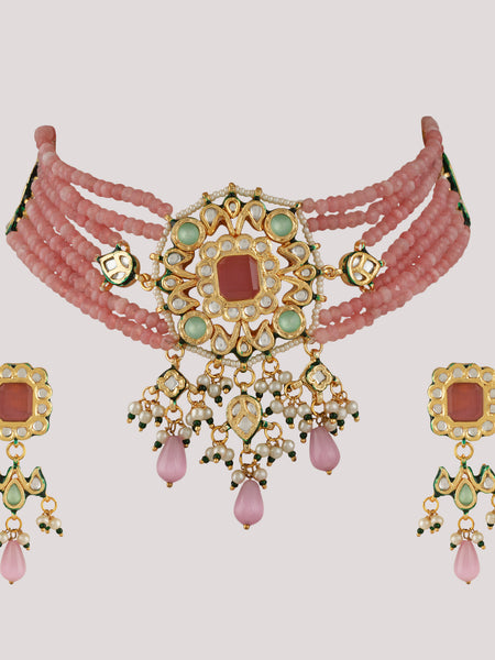 GOLD PLATED CHOKAR & EARRINGS EMBEDDED WITH PINK STONES