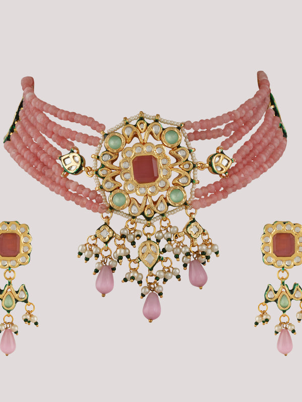 GOLD PLATED CHOKAR & EARRINGS EMBEDDED WITH PINK STONES