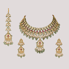 GOLD PLATED GREEN STONE NECKLACE SET WITH EARINGS & MANG TIKKA