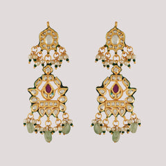 GOLD PLATED GREEN STONE NECKLACE SET WITH EARINGS & MANG TIKKA