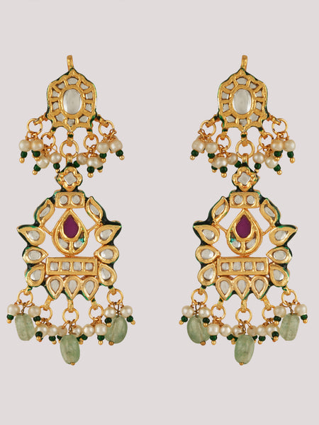 GOLD PLATED GREEN STONE NECKLACE SET WITH EARINGS & MANG TIKKA