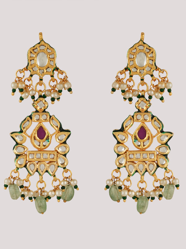 GOLD PLATED GREEN STONE NECKLACE SET WITH EARINGS & MANG TIKKA