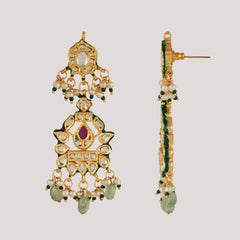 GOLD PLATED GREEN STONE NECKLACE SET WITH EARINGS & MANG TIKKA