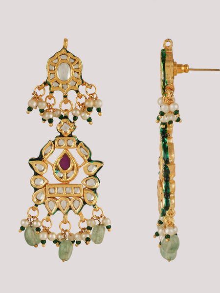 GOLD PLATED GREEN STONE NECKLACE SET WITH EARINGS & MANG TIKKA