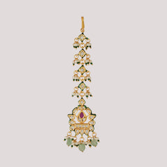 GOLD PLATED GREEN STONE NECKLACE SET WITH EARINGS & MANG TIKKA