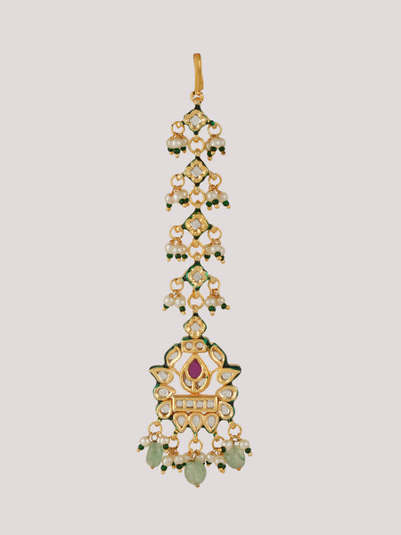 GOLD PLATED GREEN STONE NECKLACE SET WITH EARINGS & MANG TIKKA