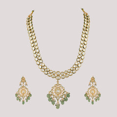 GOLD PLATED KUNDAN POLKI GREEN LONG NECKLACE & EARRINGS