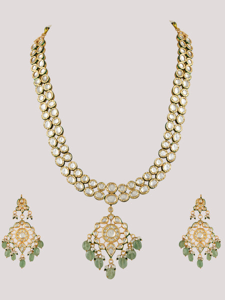 GOLD PLATED KUNDAN POLKI GREEN LONG NECKLACE & EARRINGS