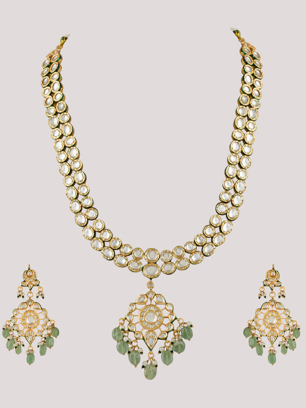 GOLD PLATED KUNDAN POLKI GREEN LONG NECKLACE & EARRINGS