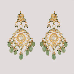 GOLD PLATED KUNDAN POLKI GREEN LONG NECKLACE & EARRINGS
