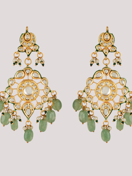 GOLD PLATED KUNDAN POLKI GREEN LONG NECKLACE & EARRINGS