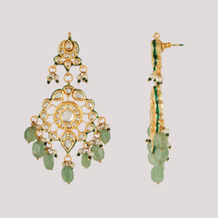 GOLD PLATED KUNDAN POLKI GREEN LONG NECKLACE & EARRINGS