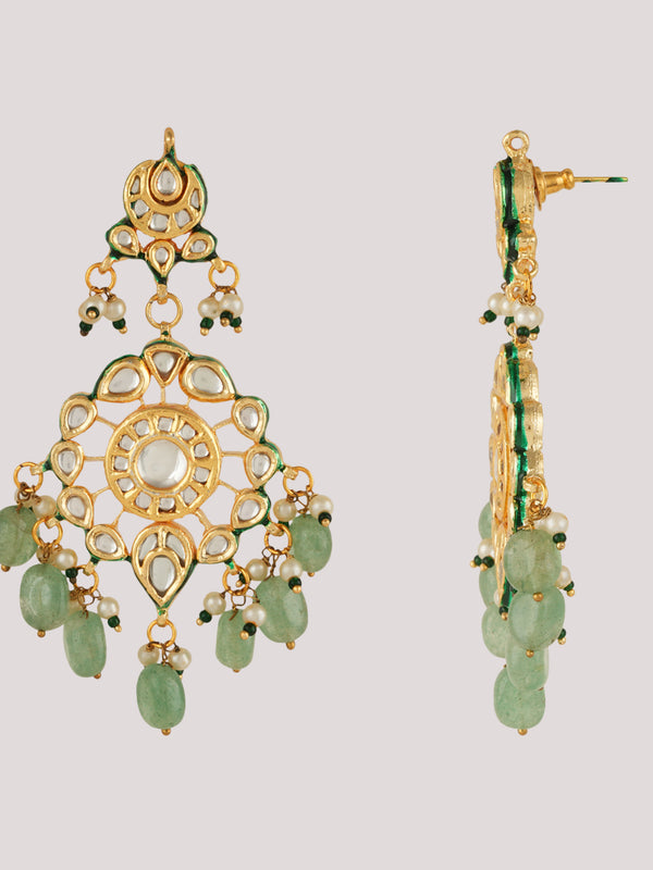 GOLD PLATED KUNDAN POLKI GREEN LONG NECKLACE & EARRINGS