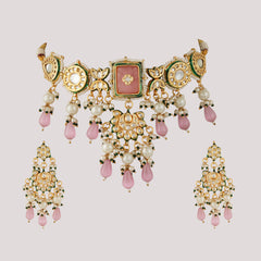 GOLD PLATED KUNDAN CHOKAR & EARRINGS WITH STUDDED PINK STONES
