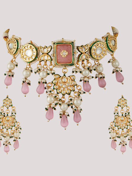 GOLD PLATED KUNDAN CHOKAR & EARRINGS WITH STUDDED PINK STONES