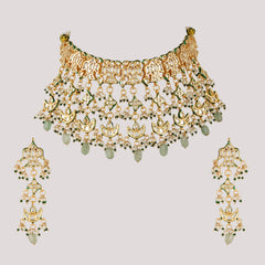 GOLD PLATED GREEN ETHNIC NECKLACE SET WITH EARINGS