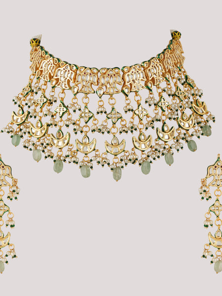 GOLD PLATED GREEN ETHNIC NECKLACE SET WITH EARINGS