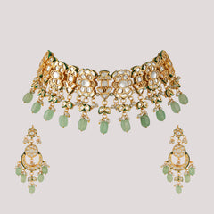 GOLD PLATED ETHNIC KUNDAN STUDDED GREEN CHOKAR SET WITH EARINGS