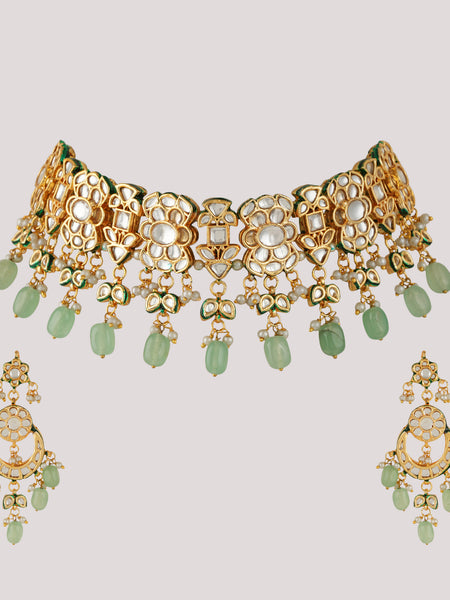 GOLD PLATED ETHNIC KUNDAN STUDDED GREEN CHOKAR SET WITH EARINGS