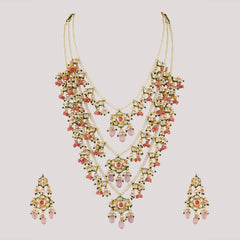 GOLD PLATED KUNDAN POLKI LONG NECKLACE & EARRINGS WITH STUDDED PINK STONES