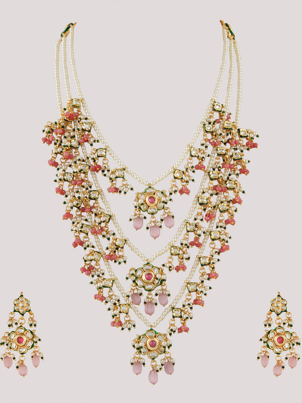 GOLD PLATED KUNDAN POLKI LONG NECKLACE & EARRINGS WITH STUDDED PINK STONES