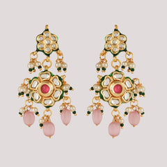 GOLD PLATED KUNDAN POLKI LONG NECKLACE & EARRINGS WITH STUDDED PINK STONES