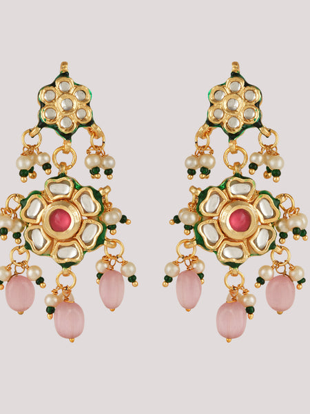 GOLD PLATED KUNDAN POLKI LONG NECKLACE & EARRINGS WITH STUDDED PINK STONES