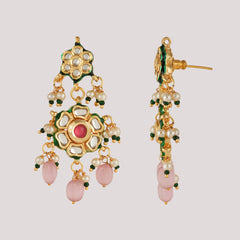 GOLD PLATED KUNDAN POLKI LONG NECKLACE & EARRINGS WITH STUDDED PINK STONES
