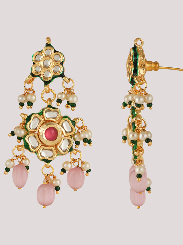 GOLD PLATED KUNDAN POLKI LONG NECKLACE & EARRINGS WITH STUDDED PINK STONES