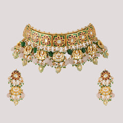 GOLD PLATED MULTI-COLOR ETHNIC CHOKAR SET WITH EARRINGS