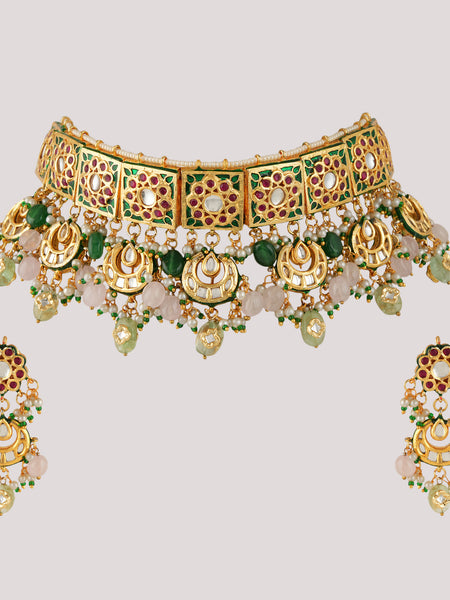 GOLD PLATED MULTI-COLOR ETHNIC CHOKAR SET WITH EARRINGS