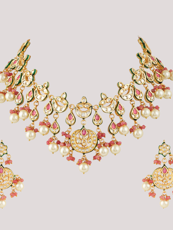 GOLD PLATED ETHNIC PINK CHOKAR SET WITH EARRINGS