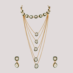 GOLD PLATED GREEN KUNDAN STUDDED NECKLACE SET WITH EARRINGS
